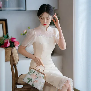 Шифоновая юбка Чонсам Летняя Мода для молодых девушек Улучшенное ретро-исполнение Вечернее платье в китайском стиле Женская фотография