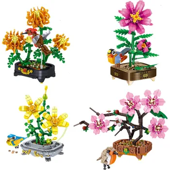 Пластиковые строительные блоки с микрочастицами 12 Цветов 01019-01024 Строительные блоки с растениями и цветами, собранные украшения в Подарок