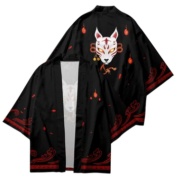 2023 Модный мужской женский кардиган в стиле харадзюку для косплея, кимоно самурая, черные топы в японском стиле, рубашки хаори с принтом лисы, Юката