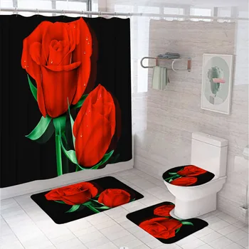 Набор занавесок для душа с цветами на День Святого Валентина, Пара занавесок для ванной с цветами Красной Розы, нескользящий коврик для ванной, Ковер, Крышка унитаза