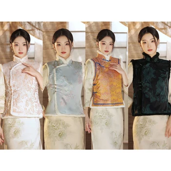 2023 Cheongsam Новая Мода Ретро Традиционный китайский стиль Qipao Воротник Для волос Улучшенный Жилет Плюс Хлопчатобумажный Утолщенный теплый топ
