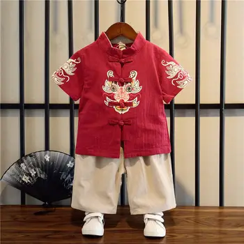 Летний Китайский хлопковый льняной костюм цвета Тан для мальчиков и девочек с вышивкой дракона, топ и брюки с короткими рукавами, Комплект детской одежды на Китайский Новый Год