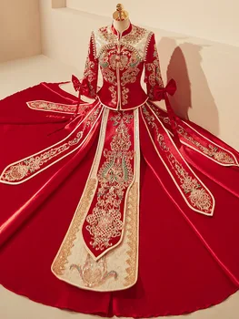 Старинное Свадебное платье для Тостов с бантом Невесты, С Длинным рукавом в китайском стиле, Расшитое бисером, Свадебное платье в стиле Тан