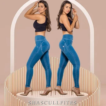 Спортивные штаны Shascullfites из джинсовой ткани, стрейчевые узкие джинсы, Леггинсы, Синие Колготки для йоги, подтягивающие ягодицы, пуговицы с высокой посадкой