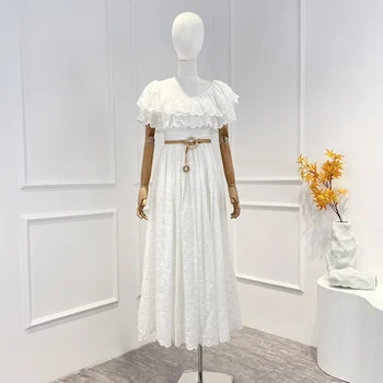 Платье миди в белый горошек с рюшами и вышитым поясом 2023, Высококачественная Летняя Женская одежда