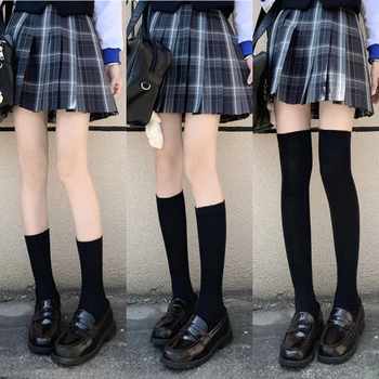 Женские чулки до бедра в стиле Лолиты для милых девочек, Длинные носки в Японском стиле JK, Чулки, однотонные черные Белые гольфы Sox