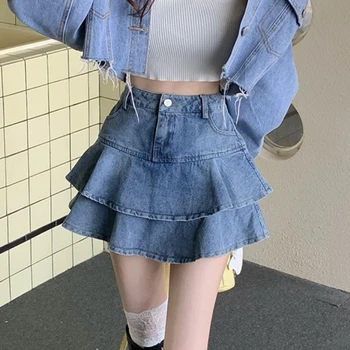 HOUZHOU Винтажная джинсовая мини-юбка с рюшами, женская летняя корейская мода, сексуальная джинсовая юбка в стиле пэчворк с высокой талией, повседневная уличная одежда