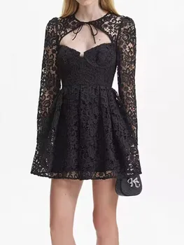 Женское Черное Сексуальное мини-платье без бретелек, Осень 2023, Кружевной Халат Трапециевидной формы с длинным рукавом на шнуровке, Открытый халат для дам
