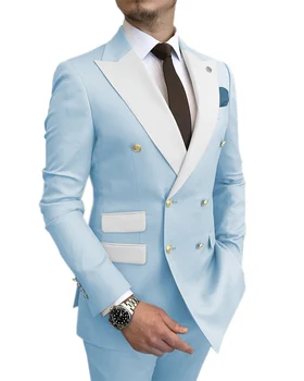 Новые дизайны 2023, Светло-голубой пиджак для курения, Брюки с золотыми пуговицами, вечернее платье-смокинг, Двубортные мужские костюмы для свадьбы Жениха