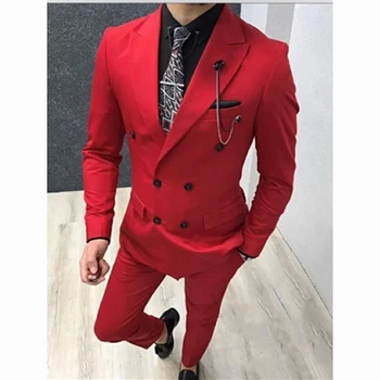 2 Предмета, Красный мужской костюм, сшитый на заказ, Приталенные Смокинги для Жениха, Свадебные деловые костюмы, Двубортный Блейзер, Брюки Terno Masculino