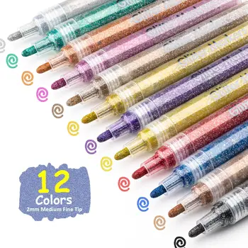 12 Цветных маркеров с блестками, Акриловые маркеры с блестками, Ультра Средняя точка 2,0 мм, ручка для рисования наскальными рисунками, поделки своими руками