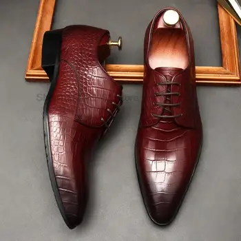 Итальянские мужские модельные туфли с острым носком из натуральной кожи ручной работы с крокодиловым узором Оксфорды на шнуровке Деловые Официальные туфли для мужчин