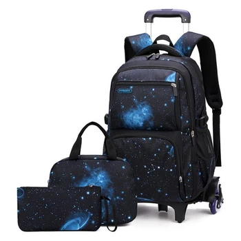 Школьный рюкзак на колесиках KUZAI, набор для ланча, сумка для ручек, школьная тележка, рюкзаки, сумки для мальчиков, школьный рюкзак на колесиках