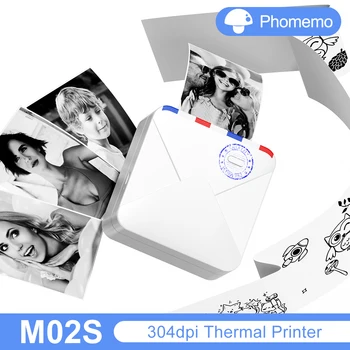 Phomemo M02S Термопринтер Мини Карманный Принтер Портативный Принтер для печати Наклеек 304 точек на дюйм Беспроводной Принтер Подходит для 15/25/53 мм