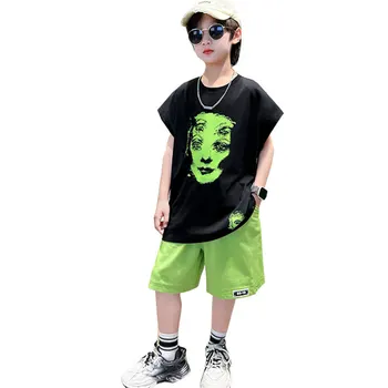 Летний детский костюм 2023 года, Одежда для мальчиков, Комплект из 2 предметов, Хлопковая одежда для мальчиков в корейском стиле, Художественная футболка + Шорты, Повседневная одежда от 5 до 14 лет
