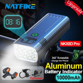 NATFIRE 10000 мАч Велосипедный фонарь Цифровой индикатор заряда батареи USB Перезаряжаемый велосипедный фонарь Комплект с 3 держателями 7000ЛМ 8 светодиодный фонарик