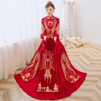 Изысканная вышивка пайетками из бисера Китайское традиционное свадебное платье Ципао для невесты и жениха китайская одежда