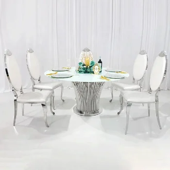 Свадебный дизайн серебристый металлический каркас из нержавеющей стали круглый стол в обеденных столах золотой стеклянный свадебный стол