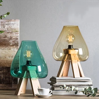 Креативный дизайн абажура из скандинавского синего стекла настольная лампа современное прикроватное украшение для спальни рама из дуба Светодиодное освещение E27
