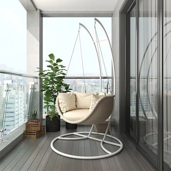Открытый качающийся подвесной стул с корзиной для отдыха на балконе, сиденье из ротанга, стул из ротанга на балконе, одноместное внутреннее скандинавское кресло-качалка
