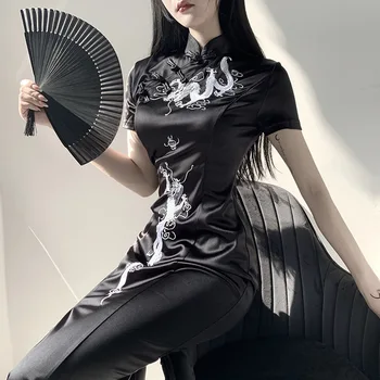 Китайское готическое платье с воротником-стойкой, Emboridery Dragon Qipao, Черный /Красный, Винтажный Длинный халат для вечеринки, Cheongsam, Черный, Сексуальный