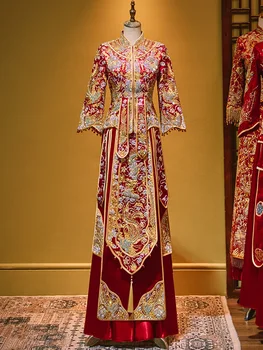 Элегантная китайская одежда Xiuhe 2023, Новое традиционное свадебное платье, тосты Чонсам, Древние свадебные платья, украшенные тяжелыми бусинами