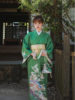 Женское Традиционное Кимоно в Японском Стиле Зеленого Цвета с цветочным Принтом, Вечернее платье, Винтажная одежда для Фотосъемки, Костюм для Косплея