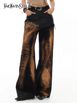 TWOTWINSTYLE Винтажные потертые джинсы для женщин, высокая талия, полная длина, уличная одежда, Повседневная Свободная женская модная одежда с широкими штанинами