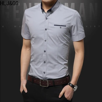 HLJ & GG Летние Мужские Рубашки с коротким рукавом, Высококачественная Однотонная Мужская Рубашка Slim Fit, Модная Деловая Рубашка для Homme 2023, Новинка
