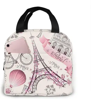 Розовая сумка для ланча с Эйфелевой Башней в Париже, сумка для пикника, термосумка-холодильник, Тоут, Бенто, Большая сумка для приготовления еды, Милая сумка, Большие Герметичные мягкие сумки