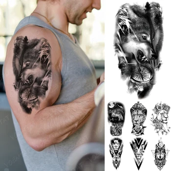 Водонепроницаемые временные татуировки Наклейки Волк Часы Роза Корона Льва Тигр Животное Флэш-тату Для женщин Мужские Татуировки на рукавах