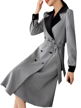 Высококачественный длинный женский блейзер, женская куртка, черное клетчатое женское повседневное пальто с поясом на осень-зиму