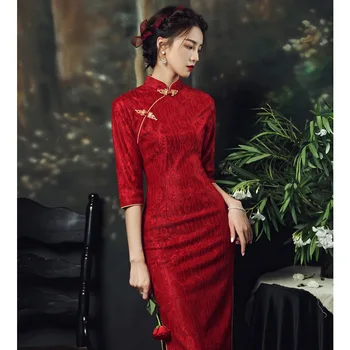 Красные платья Чонсам в китайском стиле, Женское Элегантное свадебное платье Миди Ципао с цветочным Принтом, Тонкое новогоднее вечернее платье