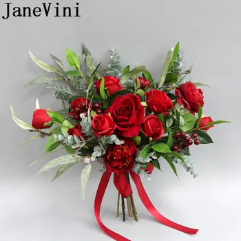 JaneVini, красные искусственные розы, свадебные цветы, Шелковые свадебные букеты, Винтажный пион, свадебная лента, Букет Невесты Da Sposa