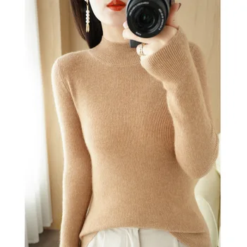 Осенне-зимний шерстяной свитер 2023, Вязаный свитер с низким воротником, женский однотонный топ