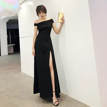 Сексуальное праздничное платье с открытыми плечами и разрезом, женское длинное новое черное платье для ведущего шоу, тонкое вечернее платье