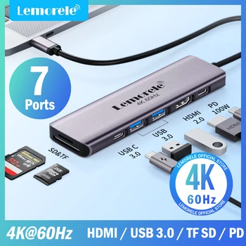 Lemorele 7в1 USB-КОНЦЕНТРАТОР Док-станция USB c Концентратор HDMI 4K 60Hz USB 3,0 Адаптер PD100W Зарядка Для Macbook Pro Аксессуары Для Ноутбуков