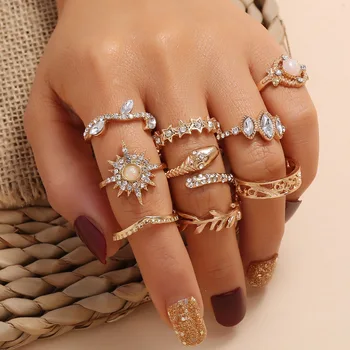 Новый Модный Набор колец для пальцев в форме Змеи с геометрическим рисунком Для женщин, кольцо для суставов с кристаллами Золотого Цвета, 2021 Ювелирный подарок в стиле Бохо
