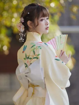 Традиционное женское кимоно в Японском стиле с красивыми цветочными принтами, Длинное платье в стиле ретро, Классическая Юката с Оби, костюм для косплея