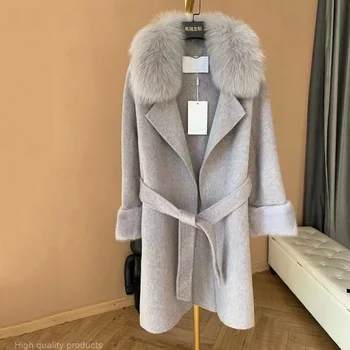 2023 Осенне-зимнее новое женское пальто из натурального кашемира с лисьим воротником и мехом, женская теплая верхняя одежда с длинным рукавом и поясом.