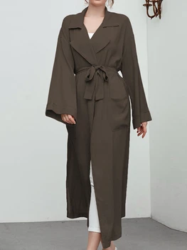 Корейское женское пальто Для пригородных поездок, модная повседневная модель средней длины, Элегантная женская ветровка с отворотом, на шнуровке, на талии