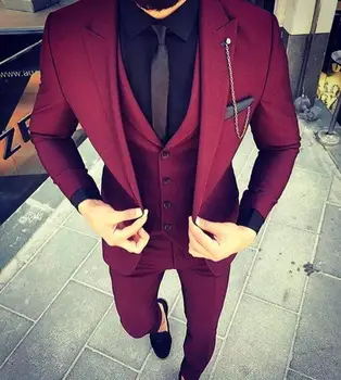 Сшитый на заказ винно-красный приталенный свадебный мужской костюм, костюмы для выпускного вечера, 3 предмета (куртка + брюки + жилет), смокинги для жениха, мужской костюм