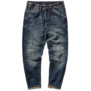 Осенние мужские новые ретро-джинсы с красными ушками, высококачественные тонкие прямые джинсы, тяжелые толстые брюки с заплатками