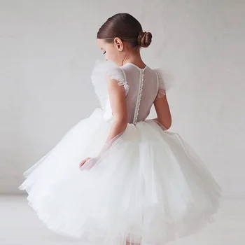Элегантное пышное платье для девочек, Детский костюм для свадебной церемонии в цветочек, Наряды на День рождения, Белое платье-пачка для 1-го причастия, Детская Праздничная одежда