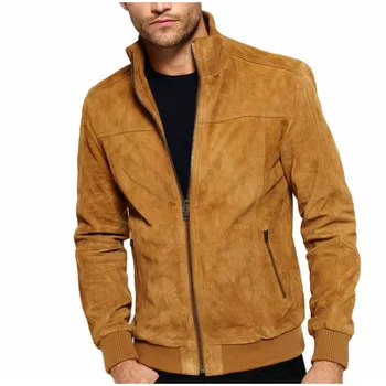 Мужская коричневая замшевая кожаная куртка, настоящая мягкая куртка, мотоциклетная куртка