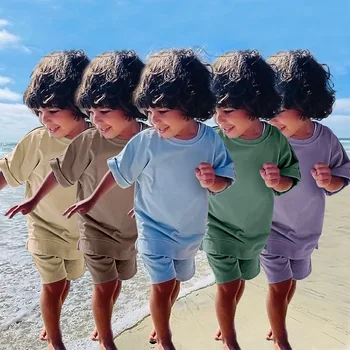 2023 Летний Детский костюм для маленьких мальчиков и девочек, Детский Пуловер с короткими рукавами, Толстовки + Брюки, костюм из 2 предметов, Детская одежда для мальчиков, Однотонная одежда