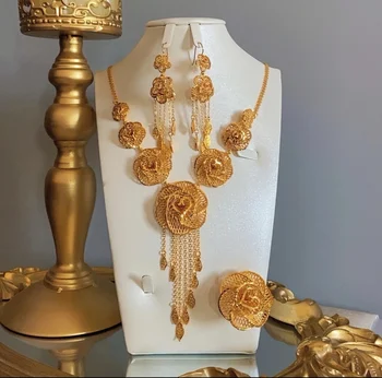 2023 Новые 24-каратные позолоченные ювелирные изделия из Дубая, ожерелье с кисточками, кольцо в цветочном стиле, Женские серьги, свадебная вечеринка, три украшения