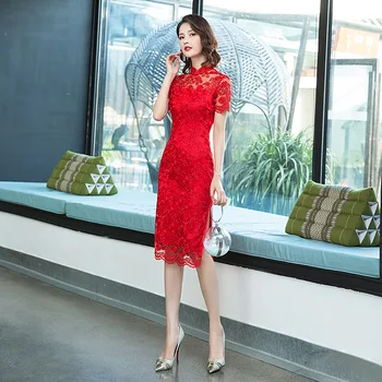 Летнее Красное Вышитое Кружево Среднего Размера, Одежда для банкета, Тост для новобрачных, Ципао, Вечернее свадебное платье в китайском стиле для женщин