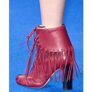 Сапоги в западном стиле с бахромой, женские ботинки на высоком блочном каблуке со шнуровкой и круглым носком, зимние модные женские ботильоны с плиссированной строчкой