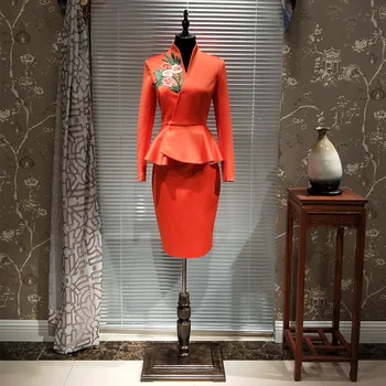 Женские высококачественные юбки, пиджаки, элегантные вечерние костюмы с вышивкой, женские комплекты из 2 предметов, одежда оранжевого цвета
